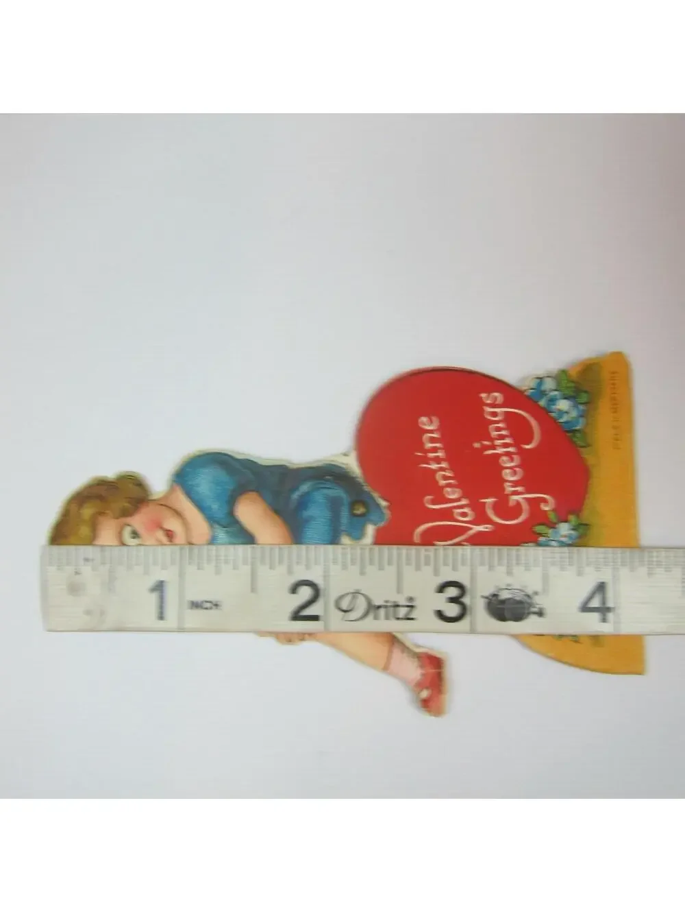 Vintage Valentine Card Mechanical Girl in Blue Dress Sits Red Heart Body Moves